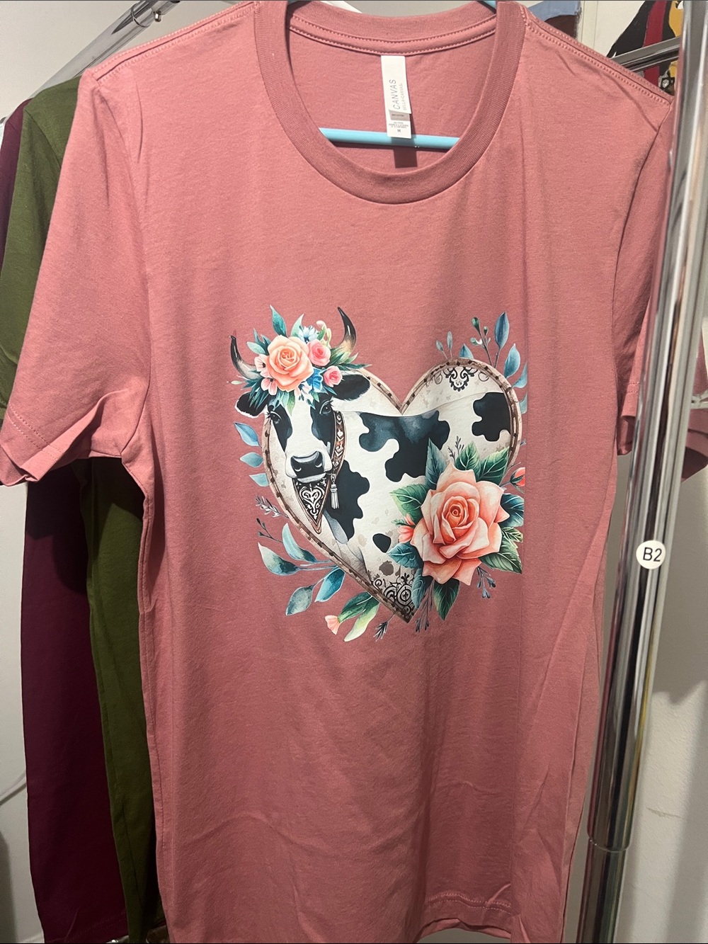 Bella Canvas Dusty Rose Tee with Floral Cow Heart Graphic
